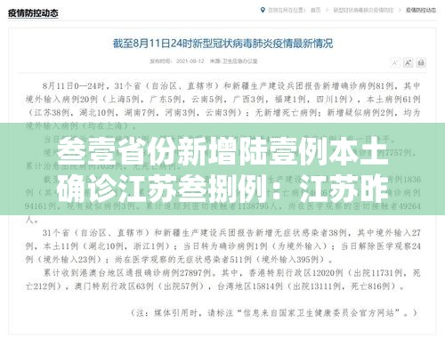 叁壹省份新增陆壹例本土确诊江苏叁捌例：江苏昨日新增壹例本土无症状